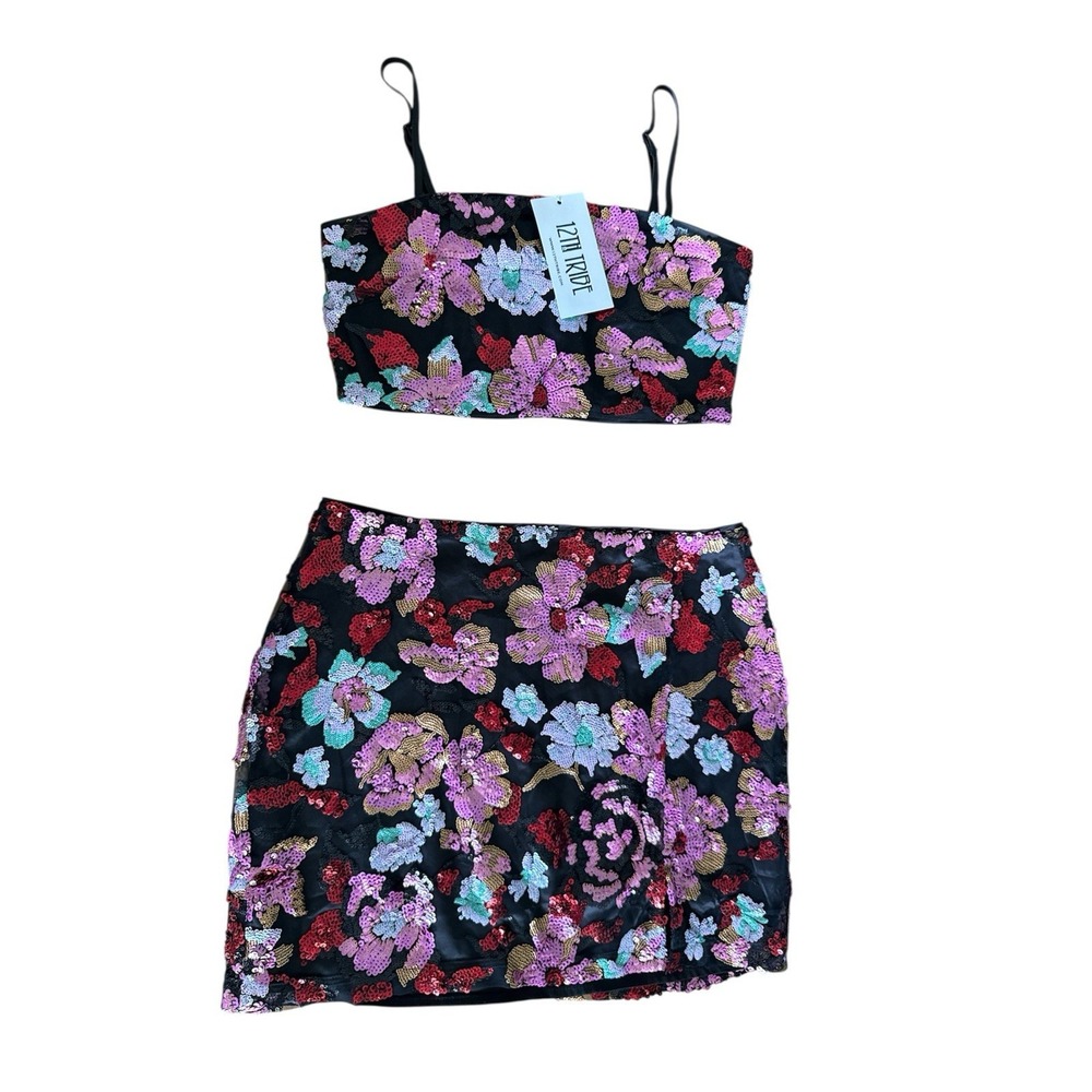 12th Tribe Black Sequin Floral Crop Top & Mini Skirt Set - Picture 2 of 8